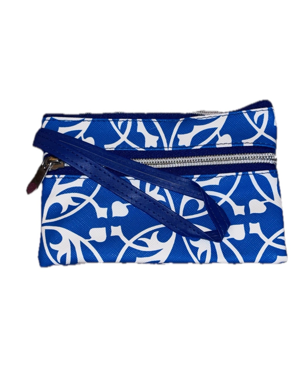 Blue and White Floral Wristlet Cosmetic Pouch
